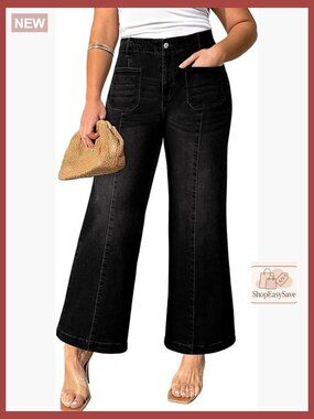 Wide Leg Elastic Waist Front Seam Stretchy Denim Jeans Plus Size Curvy Fit